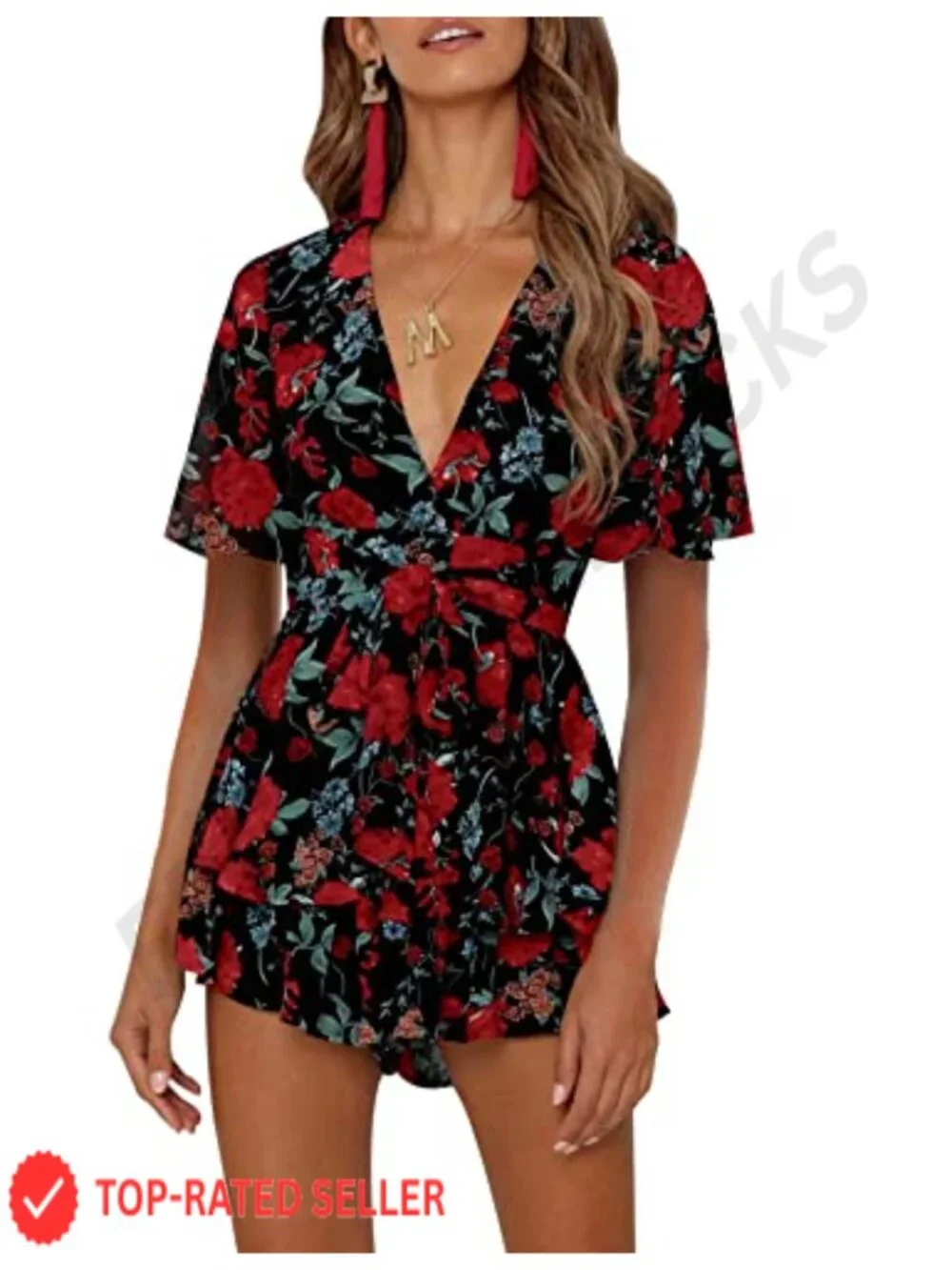 Women's Floral Romper V Neck Short Sleeve Waist Tie Ruffle Hem Polyester
